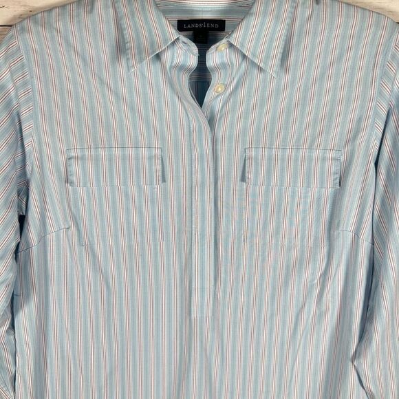 Lands’ End Blue Pinstripe Popover Cotton Elastane Blouse 10 - Picture 4 of 8